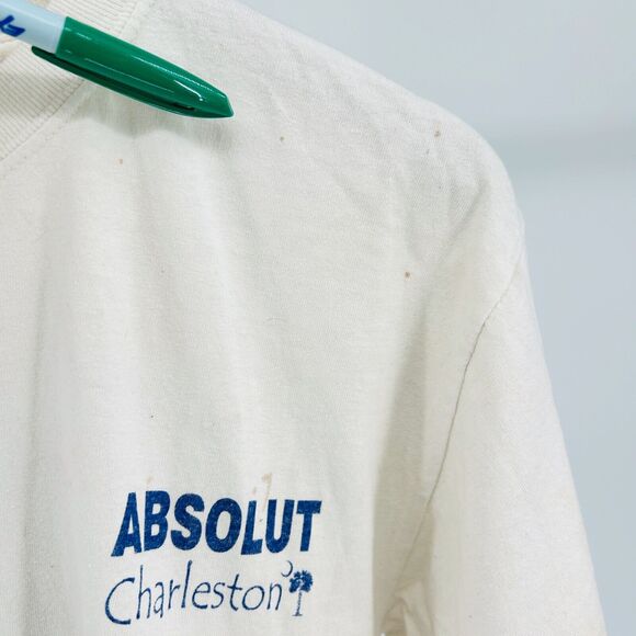Vintage 90s Absolut Charleston Cream Blue Graphic 100% CottonT-Shirt - Picture 9 of 10